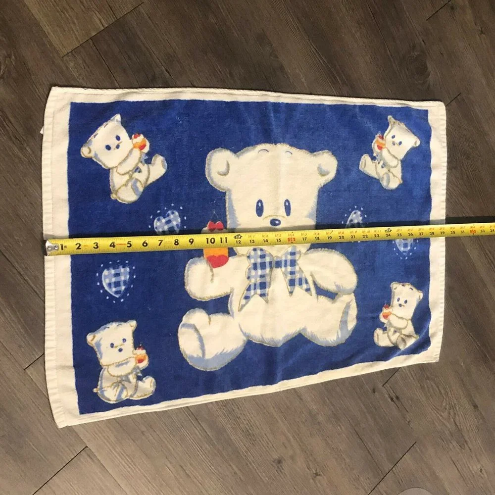 Vintage Japanese Haosheng Teddy Bear Eating Dessert Blue And White Kid’s Towel